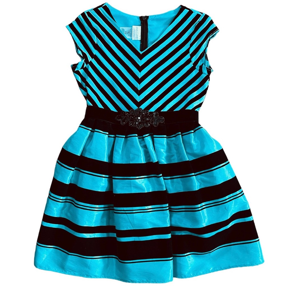 Beautiful IRIS & IVY Girls Black and Turquoise Stripe Velvet Dress / Size 14